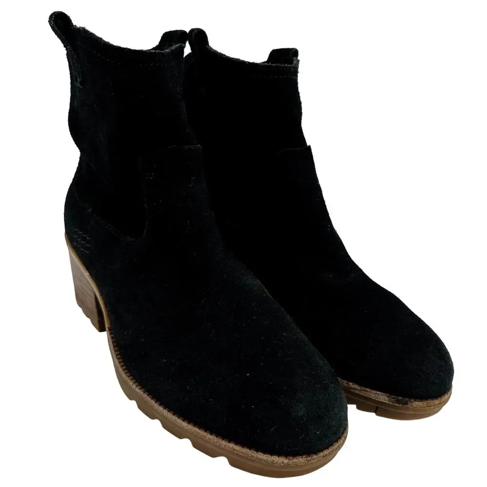 Sorel Cate Pull On Waterproof Suede Rain Ankle Boots Booties Block Heel Black 6